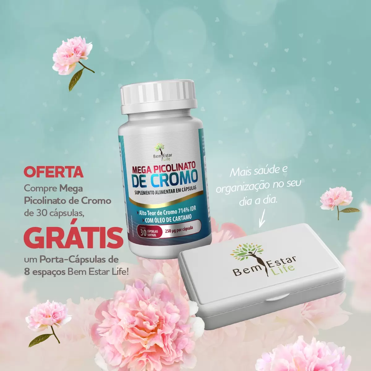 OFERTA MÃES: MEGA PICOLINATO COM OLEO DE CARTAMO, GANHA PORTA CÁPSULAS G DE BRINDE