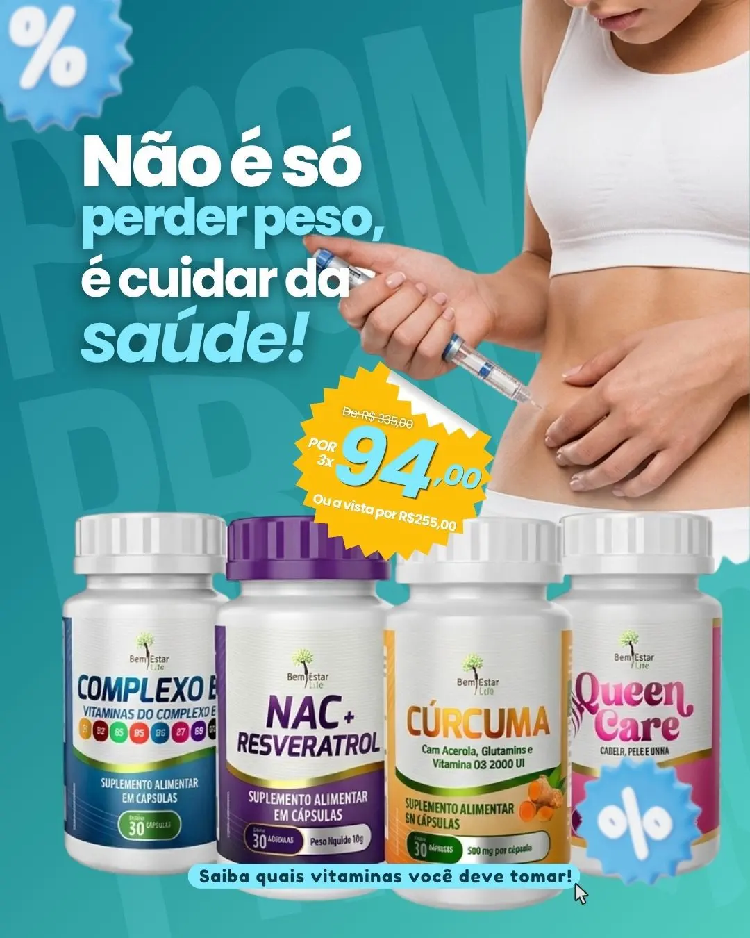 KIT CANETA: COMPLEXO B + CÚRCUMA+QUEEN CARE+ NAC + RESVERATROL + PORTA CÁPSULAS P