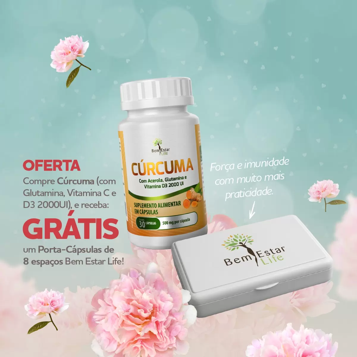 OFERTA MÃES: CÚRCUMA COM VITAMINA C, D3 E GLUTAMINA, GANHA PORTA CÁPSULAS G DE BRINDE
