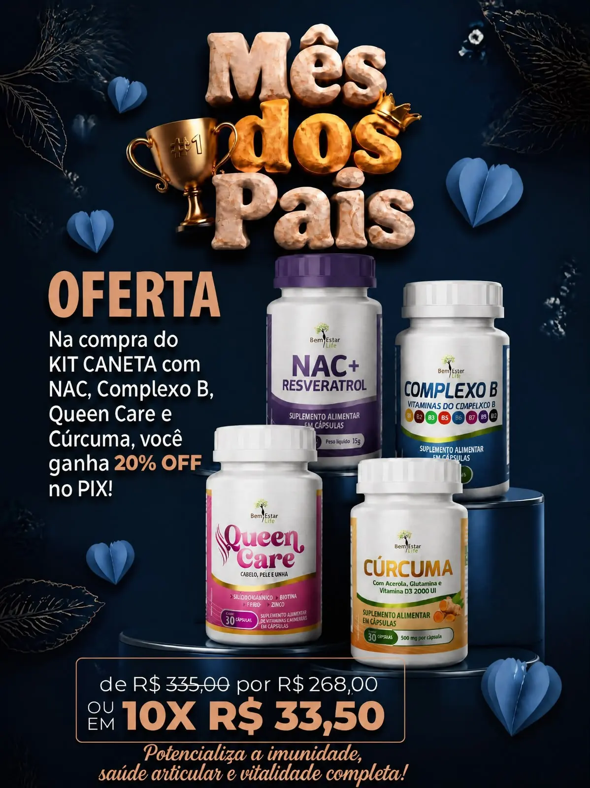 KIT CANETA: COMPLEXO B + CÚRCUMA+QUEEN CARE+ NAC + RESVERATROL 