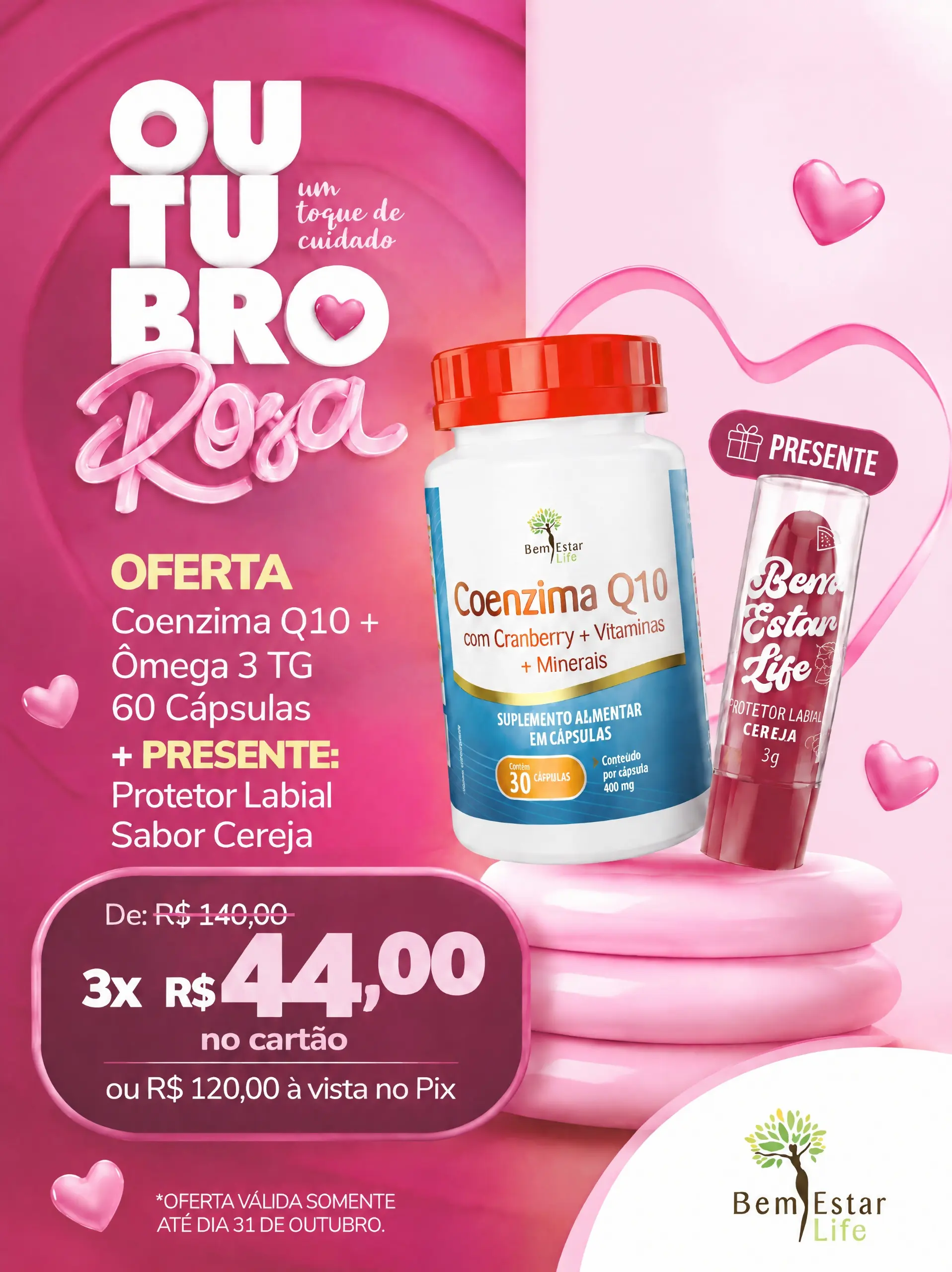 OUTUBRO ROSA: COENZIMA Q10 CA0 CAPSULAS + PRESENTE PROTETOR LABIAL CEREJA