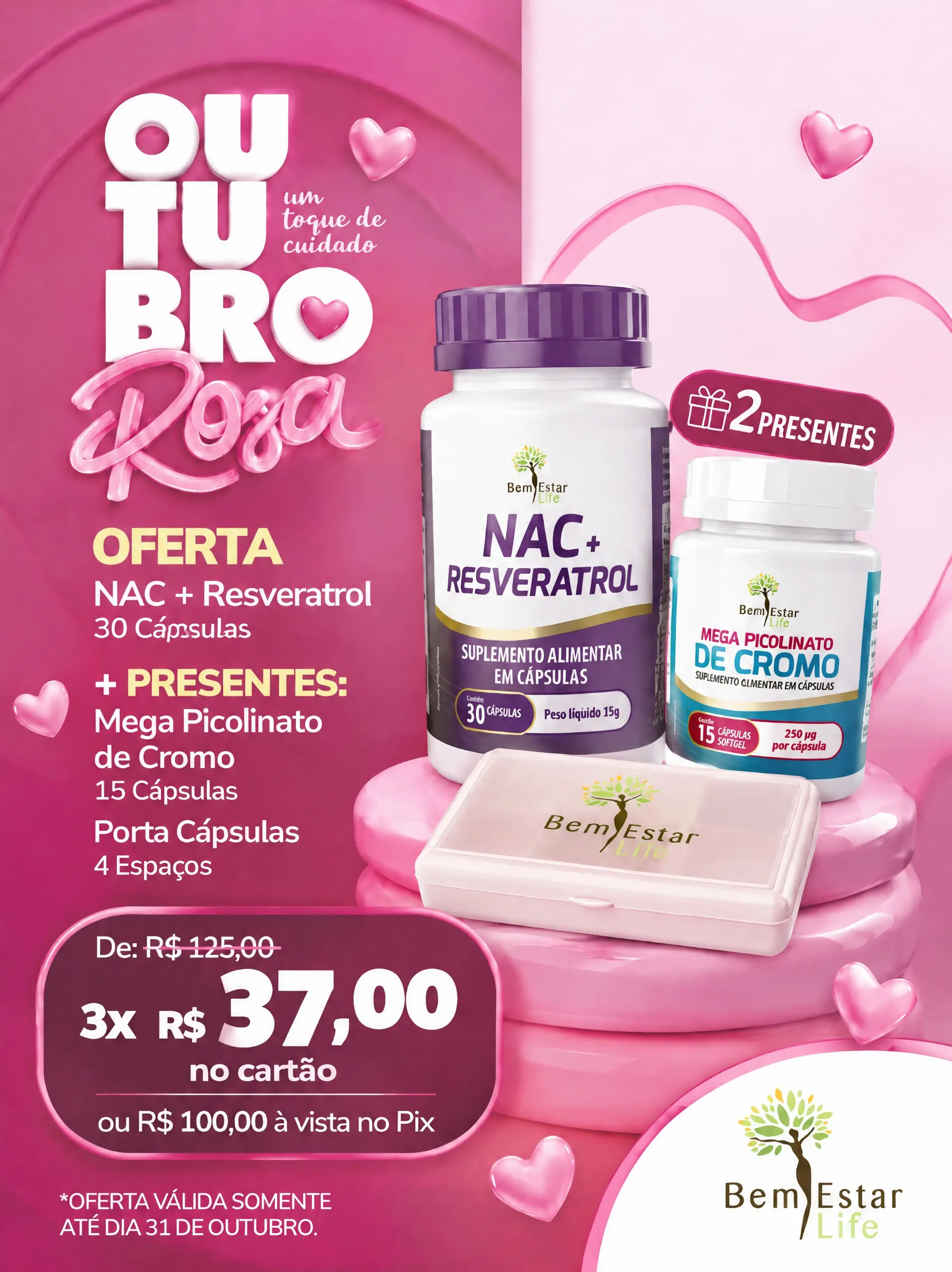 OUTUBRO ROSA: NAC COM REVERATROL + PRESENTE MEGA PICOLINATO DE CROMO 15 CAPSULAS E PORTA CAPSULAS P