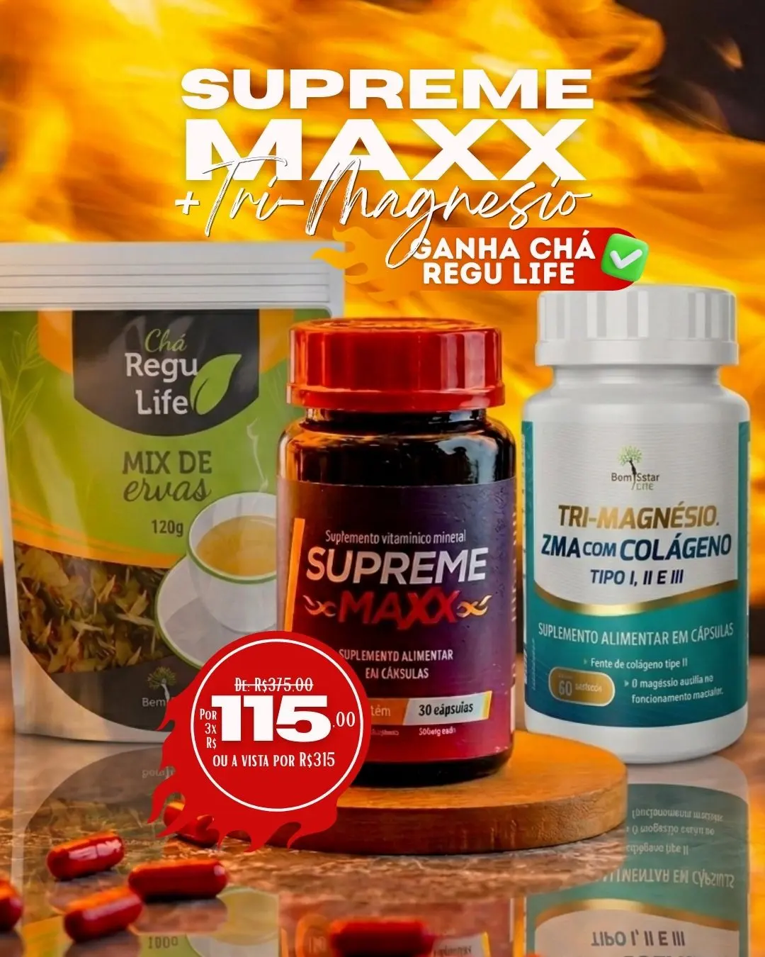 SUPREME MAXX + TRIMAGNÉSIO COM COLÁGENO TIPO I, II E III BRINDE CHÁ REGU LIFE