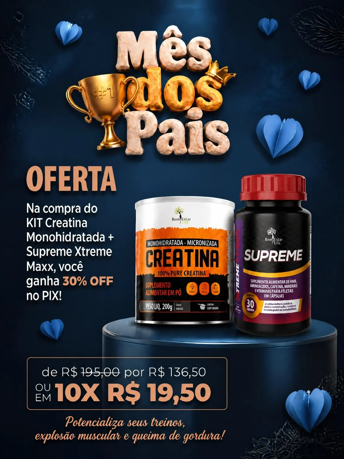OFERTA DOS PAIS: 30% OFF KIT CREATINA 100% PURA + PRÉ TREINO EM CAPSULAS
