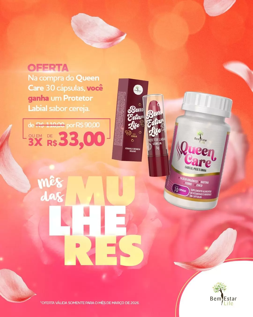 OFERTA MARÇO - NA COMPRA DA QUEEN CARE (CABELO, PELE UNHA) BRINDE PROTETOR LABIAL CEREJA