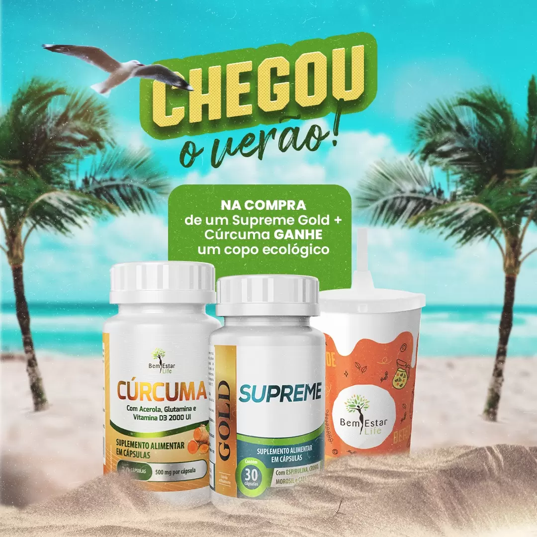 Verão chegou:  Comprou combo Supreme Gold + Cúrcuma, ganhou copo personalizado 