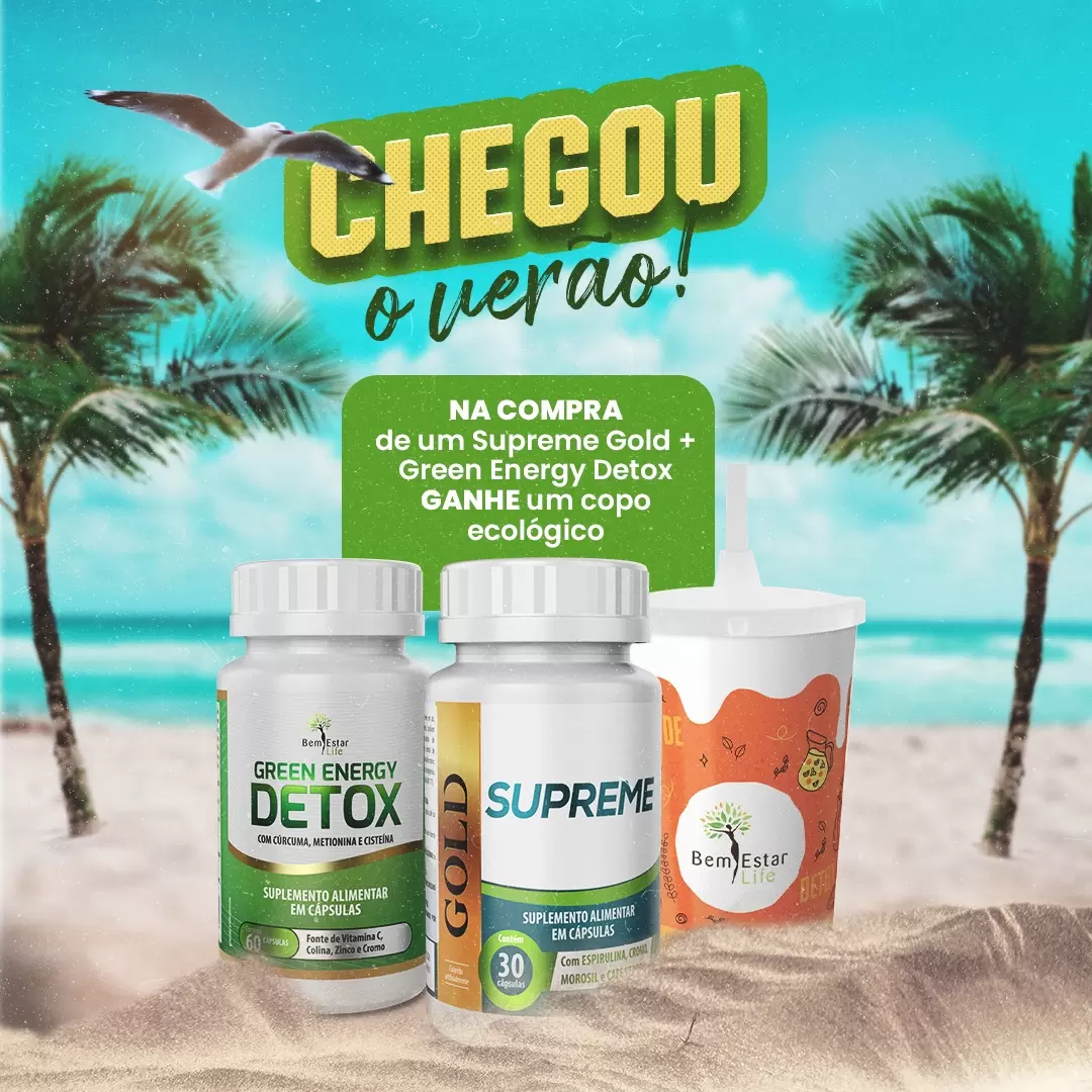 Verão chegou: Comprou o combo Supreme Gold + Green Energy Detox, ganhou copo personalizado